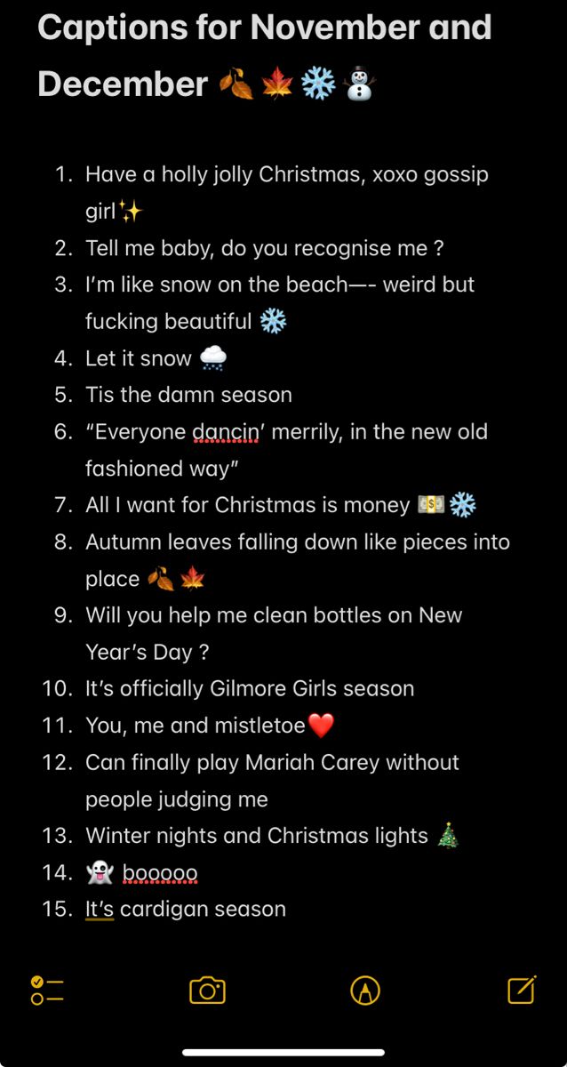 the christmas list is displayed on an iphone screen, with text below it that reads captions for november and december