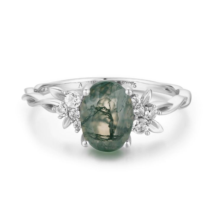 Enchanted Garden Moss Agate Ring White Gold Vermeil© Moss Agate Ring Silver, Silver Moss Agate Engagement Ring, Silver Moss Agate Ring, Moss Agate Engagement Ring Silver, Moss Agate Rings, Moss Agate Wedding Ring, Agate Wedding Ring, Gem Engagement Rings, Moss Agate Jewelry