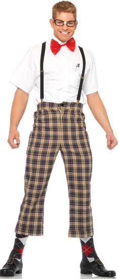 a man in plaid pants and red bow tie is standing with his hands on his hips