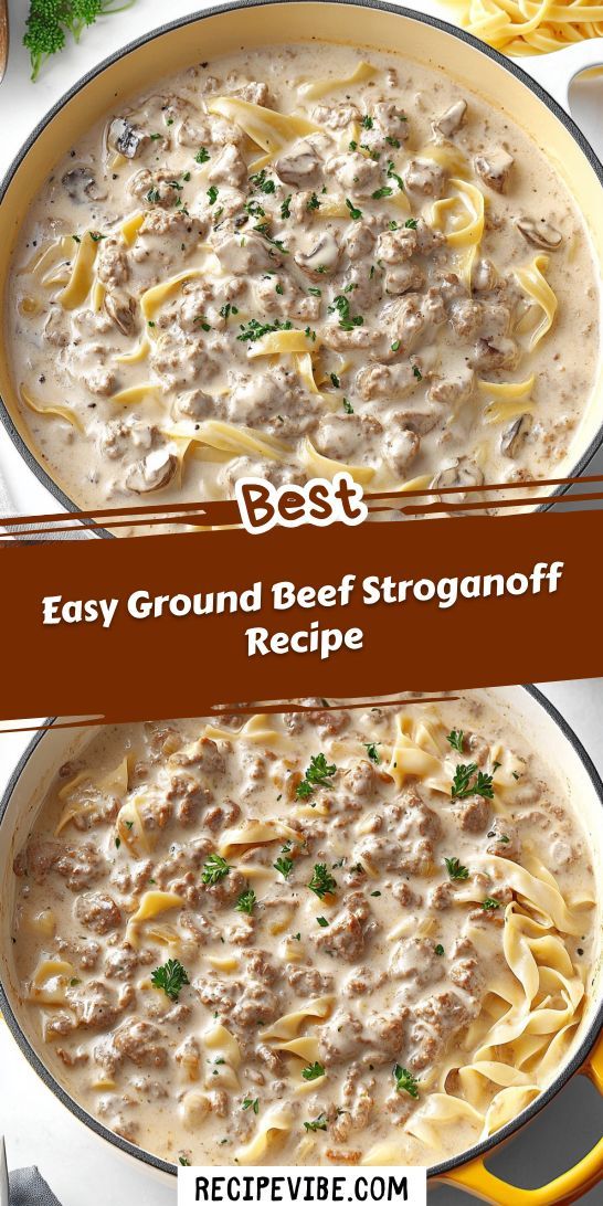 two pans filled with beef stroganoni soup and pasta on the side