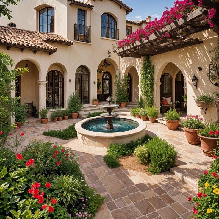 Mexican House Exterior, Garden With Fountain, Open Courtyard, Mediterranean Courtyard, Concrete Homes, Home Bar Ideas, Hacienda Homes, Houses In Mexico, Hacienda Style Homes