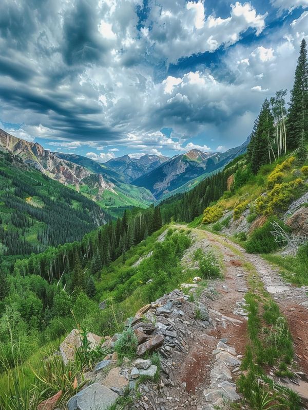 a dirt road in the middle of a forest with mountains in the background and clouds overhead