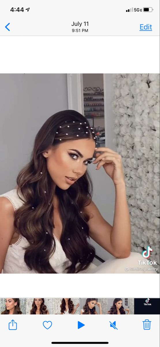 Gem In Hair Prom, Curled Hair With Diamonds, Straight Hair With Diamonds, Straight Hairstyles With Pearls, Slick Back Front Pieces Hair Down With Gems, Sleek Hair With Gems, Prom Hairstyles With Pearls Slick Back, Prom Hairstyles With Beads, Prom Hair With Sparkles