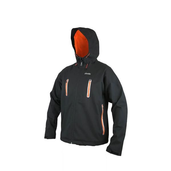 a black jacket with an orange hood