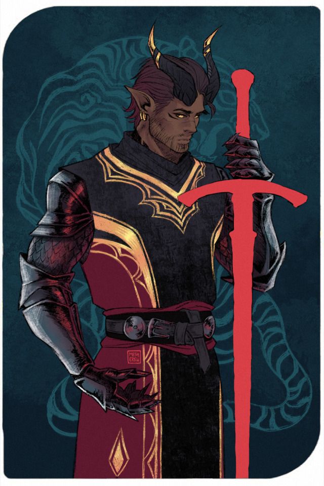 Art by Mesherew; check the link. Tiefling Paladin Dnd, Dnd Pfp Icon, Dragon Age Oc Art, Baldur's Gate 3 Tiefling, Dnd Art Ideas, Paladin Dnd Art, Tiefling Paladin Male, Paladin Dnd Character Design, Dnd Paladin Art