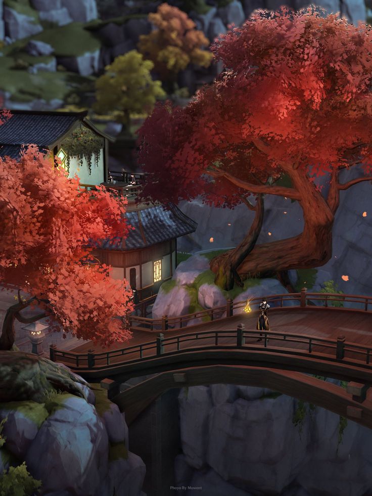 a tree with red leaves is next to a bridge