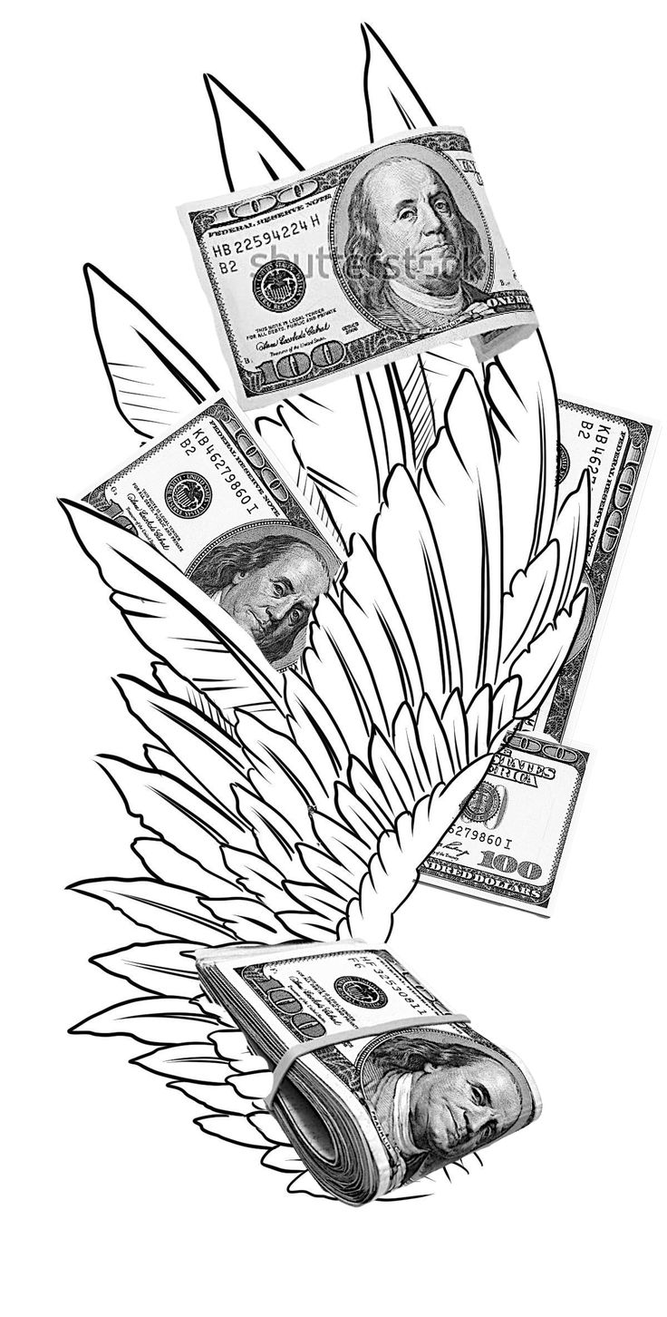 a drawing of money falling off the side of a stack of bills in black and white