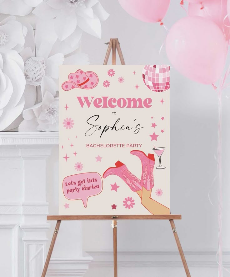 a welcome sign with pink balloons in the background and a white wall behind it that says welcome to spalla's bachelor party