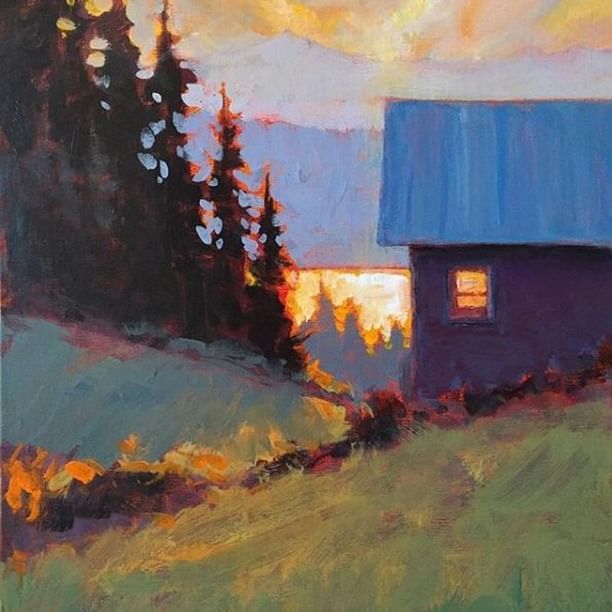 an oil painting of a blue barn in the country at sunset with trees and clouds