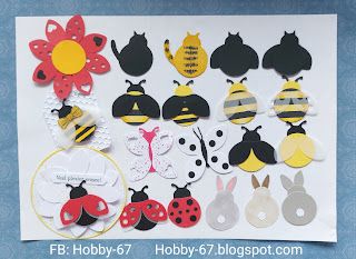 a card with lots of different types of paper cut outs on it, including ladybugs and bugs