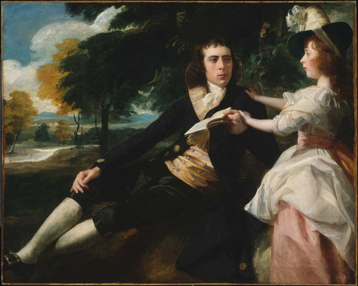 a painting of a man and woman sitting next to each other in front of trees