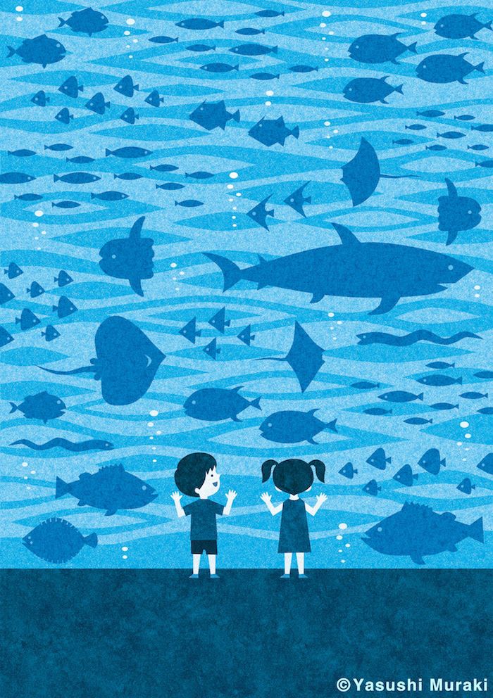 two children standing in front of an ocean filled with fish and under the water is a blue sky