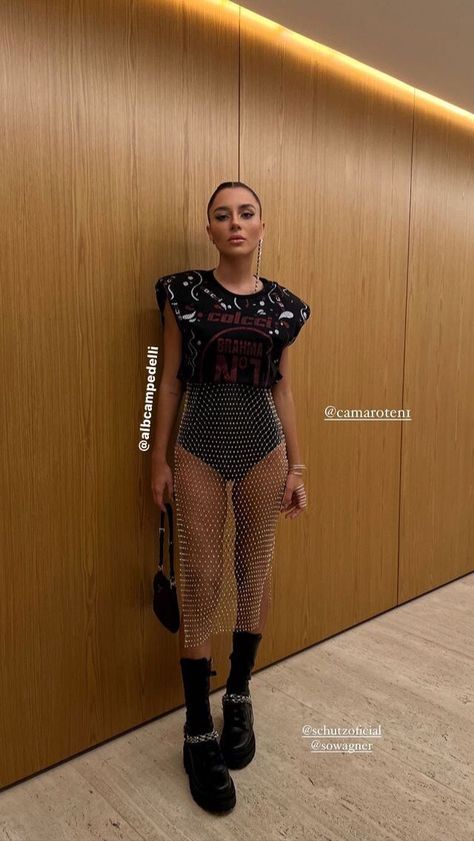 Flare Pants Going Out Outfit, Silver Harness Outfit, Graphic Tee Festival Outfit, Rhinestone Fishnet Dress Outfit, Part Outfits Night, Concert Outfit Celebrities, Sparkle Bodysuit Outfit, Rock En Español Outfit, 2023 Nye Outfits