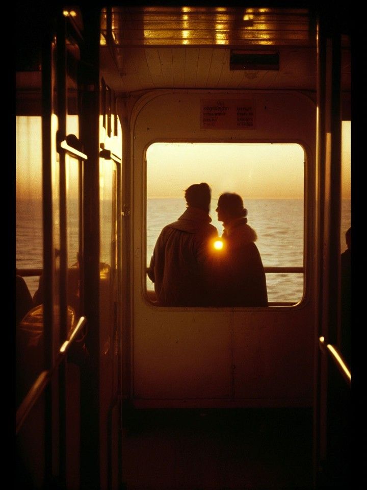 two people standing on a boat looking out the window at the water and sun going down