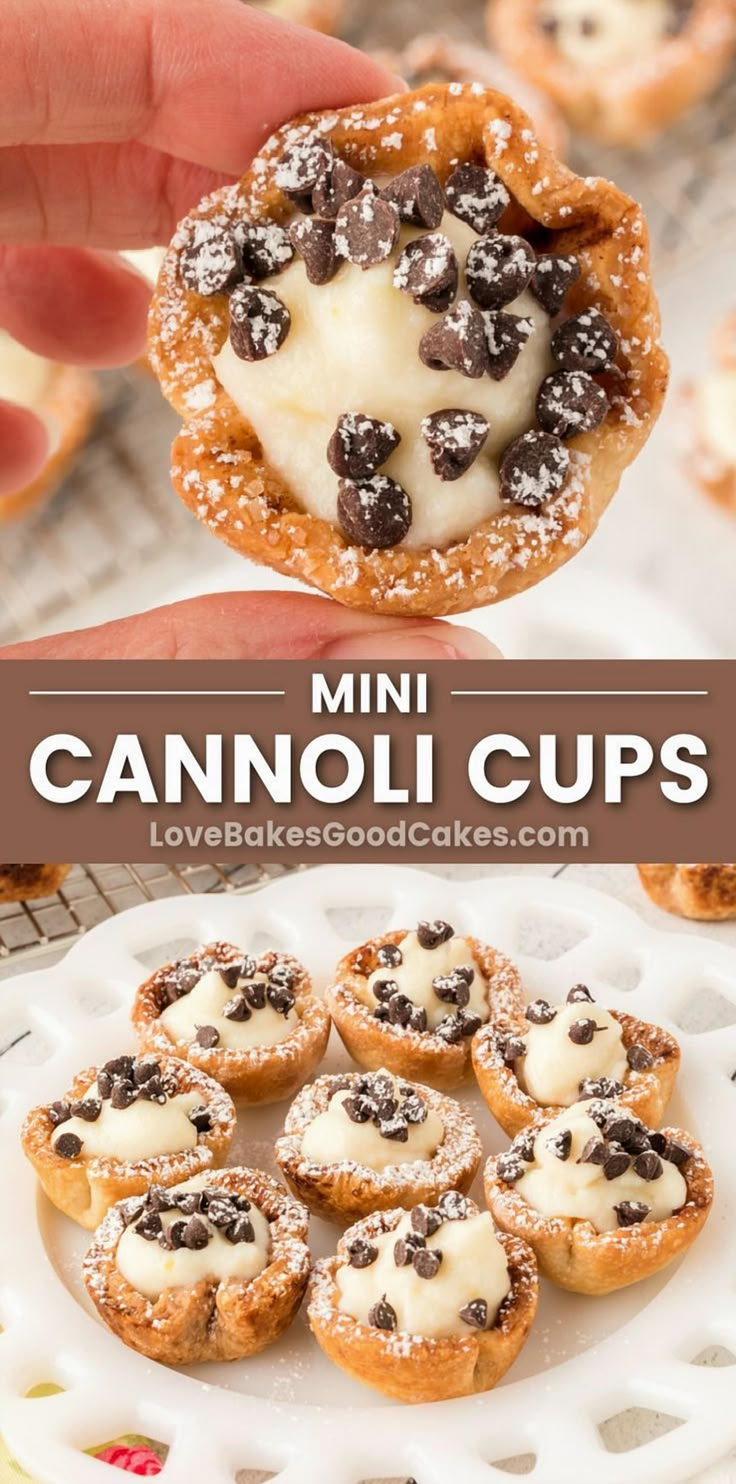 mini cannoli cups on a white plate with chocolate chips and cream in the middle