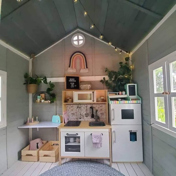 a tiny kitchen with lots of counter space and plants on the shelves in it's corner