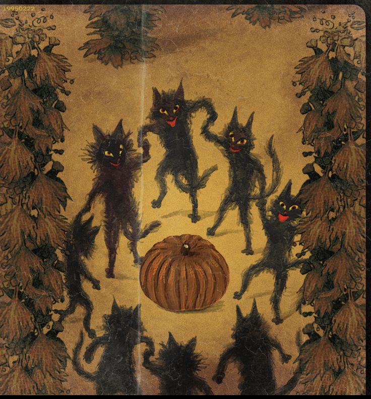 a painting with cats and pumpkins on it