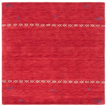 a red rug with white and blue lines on the bottom, in front of a white background