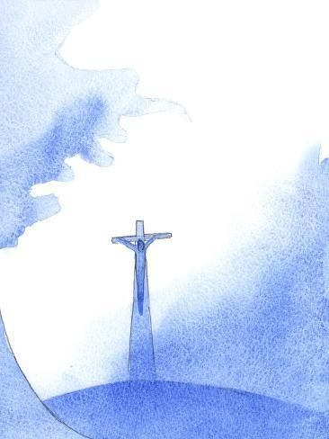 a watercolor painting of a cross on top of a hill