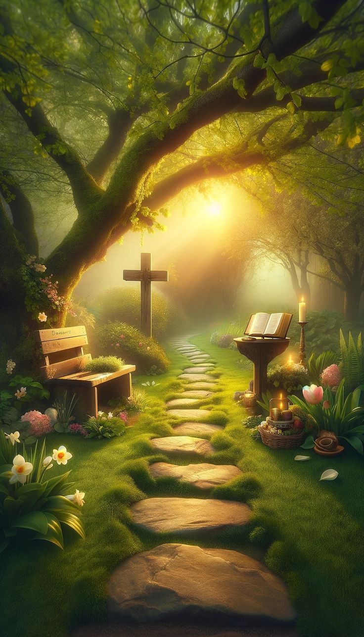 a path leading to a cross in the middle of a forest with flowers and candles