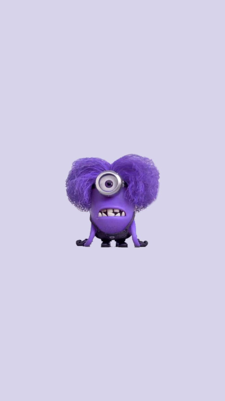 an evil looking purple monster with big eyes and long hair, standing in front of a gray background