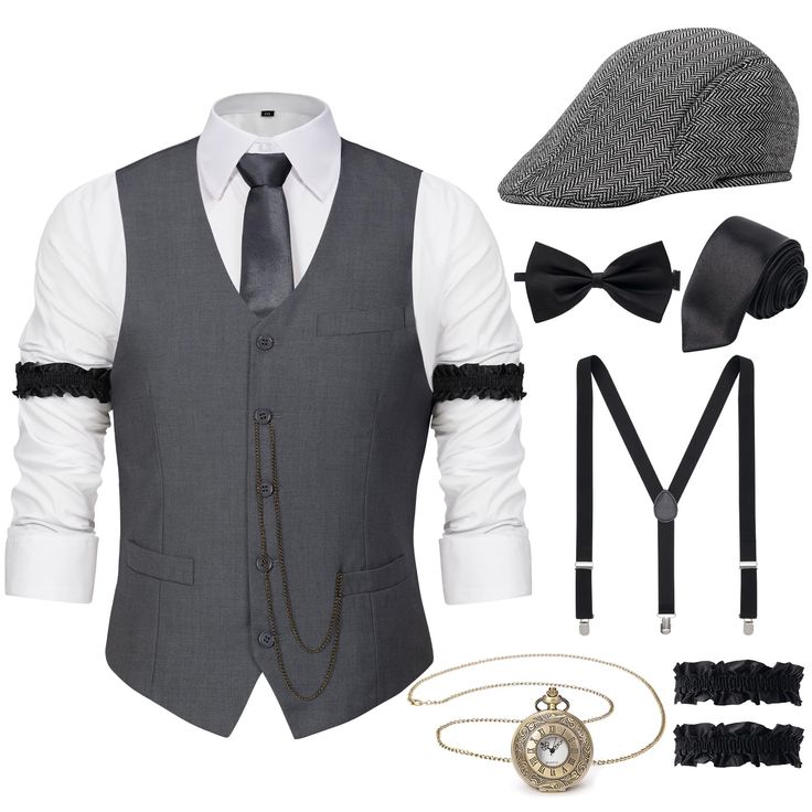 PRICES MAY VARY. This 1920s Mens Outfit includes: 1 x 1920s Mens Fedora Hat; 1 x The Great Gatsby Vest; 1 x Vintage Pocket Watch(No Batteries); 1 x Pre Tied Bow Tie; 1 x Tie; 1 x Y-back Elastic Belt Suspenders; 2 x Black Armbands; Notice: The white shirt is not included in the set Size of the 1920s Mens Costume Accessories: 1920s hat circumference--22.8” and one size fits most; Vest--Please check the vest size carefully and choose the best fit for you; Suspenders are elastic and adjustable;1920s 1920s Men’s Clothing, 1920s Fashion Male, Gatsby Party Outfit For Men, Mens Gatsby Costume, Roaring 20s Costumes, Gatsby Outfits, Great Gatsby Party Outfit, 1920s Mens Clothing, 1920s Mens Costume