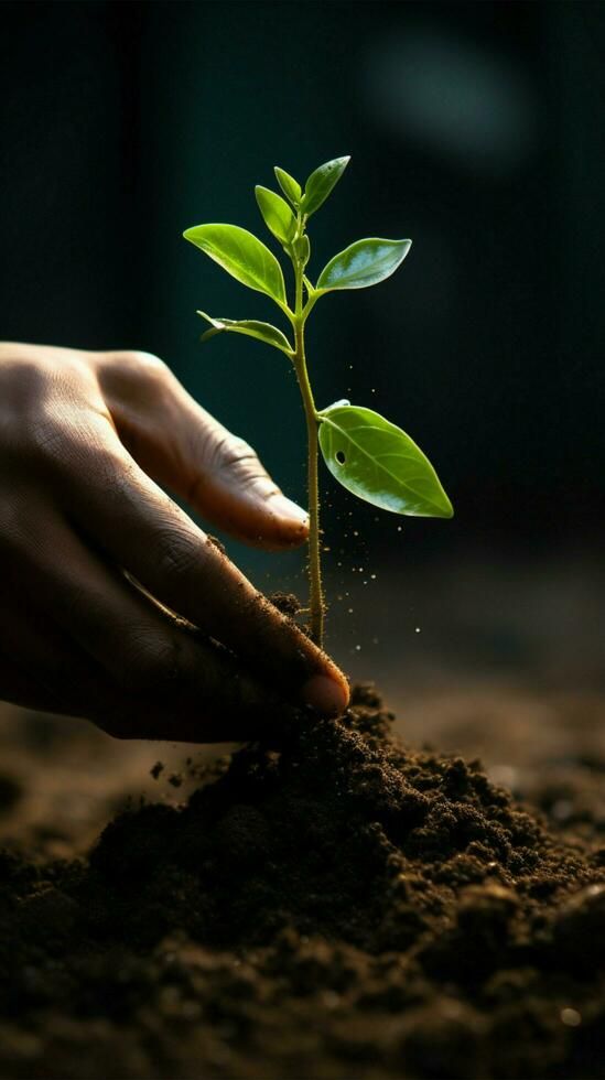 a hand is sprouting a plant from the ground with dirt in front of it