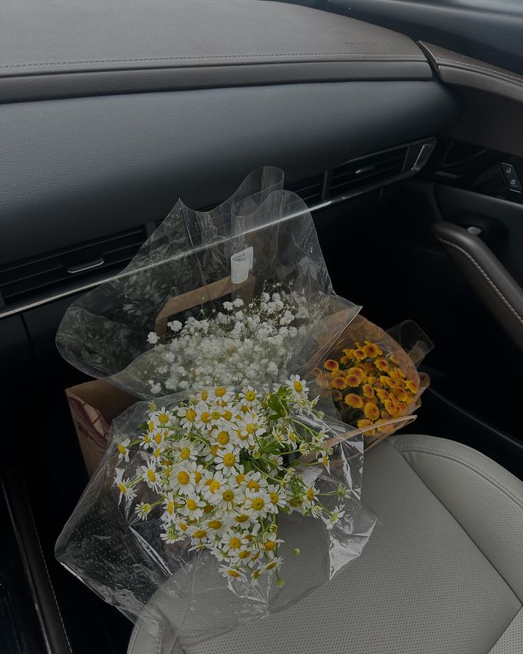 flowers in plastic bags sitting on the back seat of a car