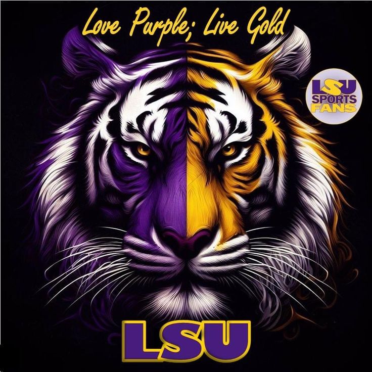 the lsu tigers logo is shown on a black background with yellow and purple stripes, as well as an image of a tiger's head