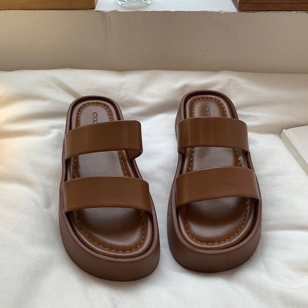 Material: Vegan Leather Run small, please review the sizing information Simple Platform Sandals, Womens Slippers Leather, Basic Shoes Aesthetic, Cute Beach Sandals, Trendy Everyday Slip-on Sandals, Trendy Slip-on Everyday Sandals, Cute Brown Summer Sandals, Trendy Flat Sandals For Everyday, Brown Trendy Sandals For Everyday Wear