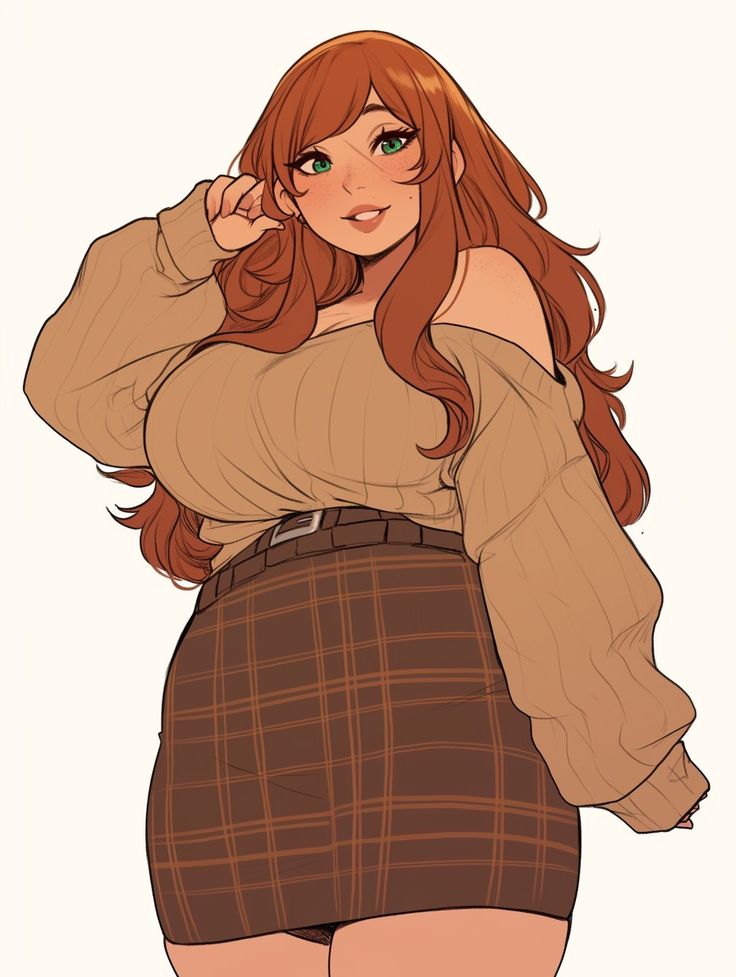 a drawing of a woman with long red hair and green eyes wearing a brown shirt