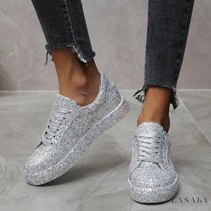 Lasaky - Sparkling Flat Lace-up Casual Shoes with Glitter Detail and White Laces, Available in Various Sizes Smart Wear, Sequin Flats, Heeled Flip Flops, White Casual Shoes, Glitter Flats, Sparkle Shoes, Orthopedic Shoes, Style Sportif, Bling Shoes