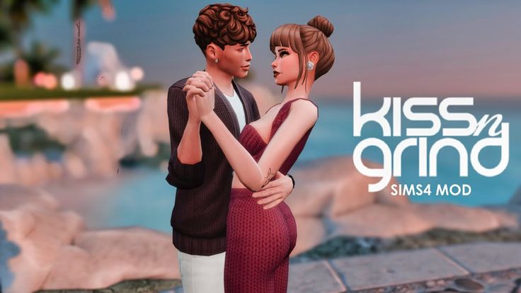 two people standing next to each other in front of the ocean with text kiss and grind