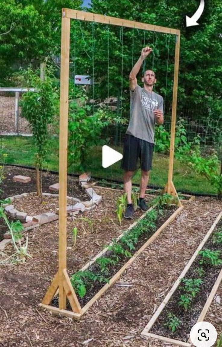 a man is standing in the middle of a garden with an overhead trellis frame