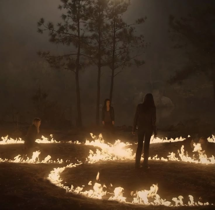 two people standing in the middle of a field full of fire and trees at night