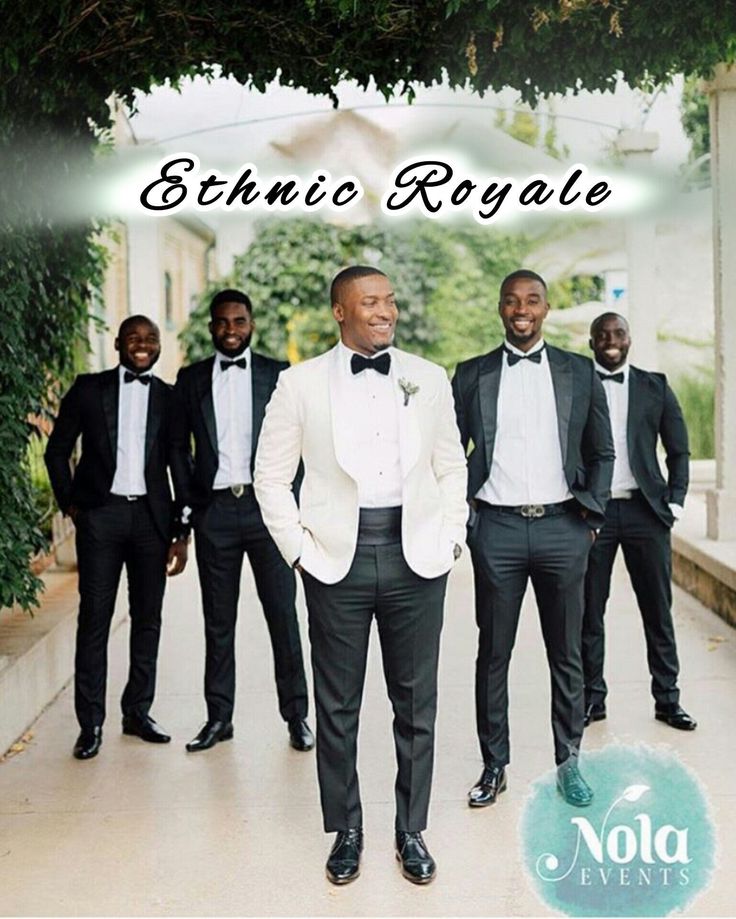 a group of men in tuxedos standing next to each other with the words ethnic royale above them