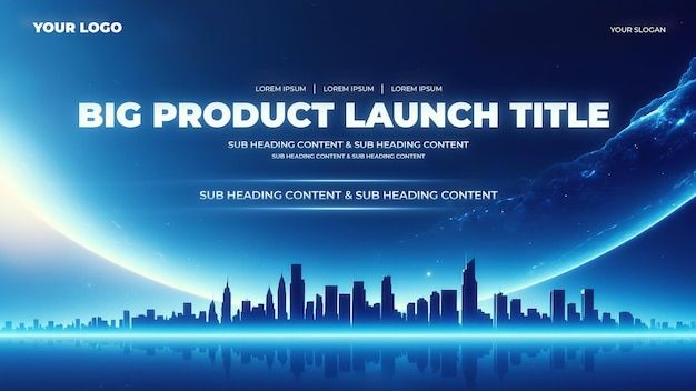 the big product launch title is displayed in front of an image of a cityscape