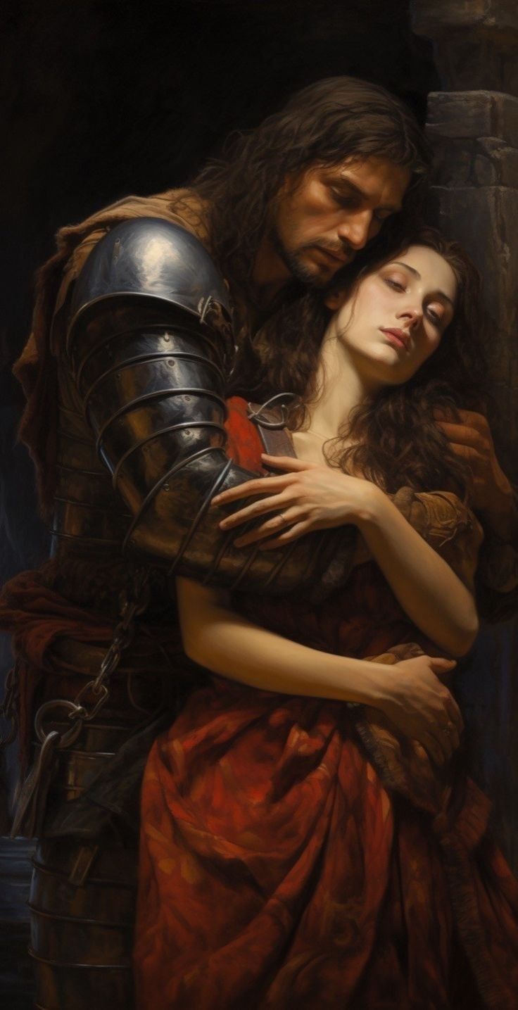 a painting of a man and woman embracing each other with armor on their shoulders,