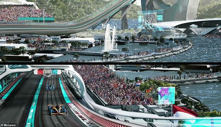 two pictures of the same race track with people watching them from different angles and in front of an audience