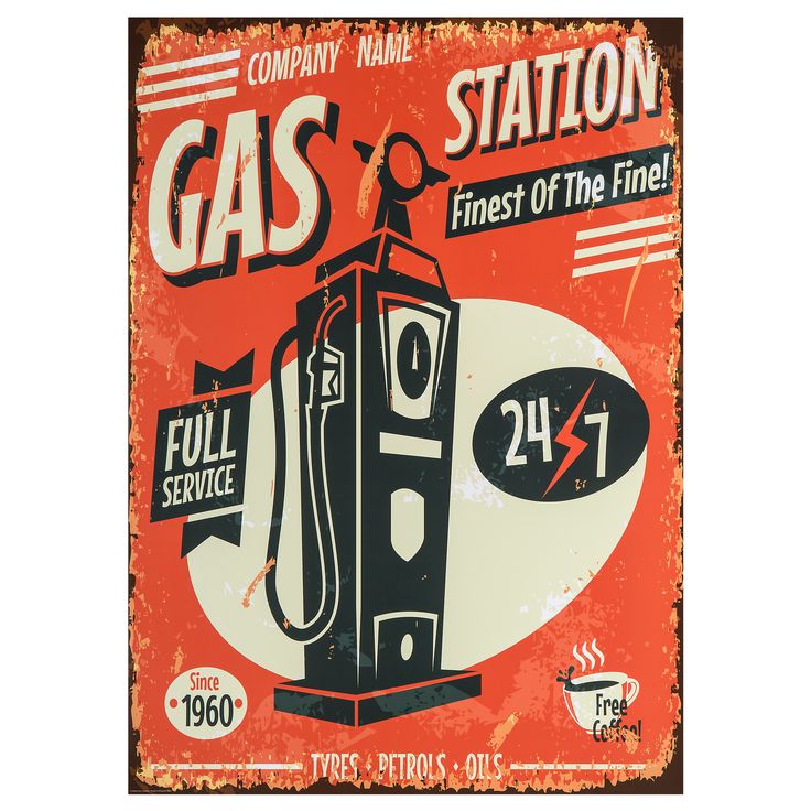 an old gas station sign is displayed on a white background with black and red lettering