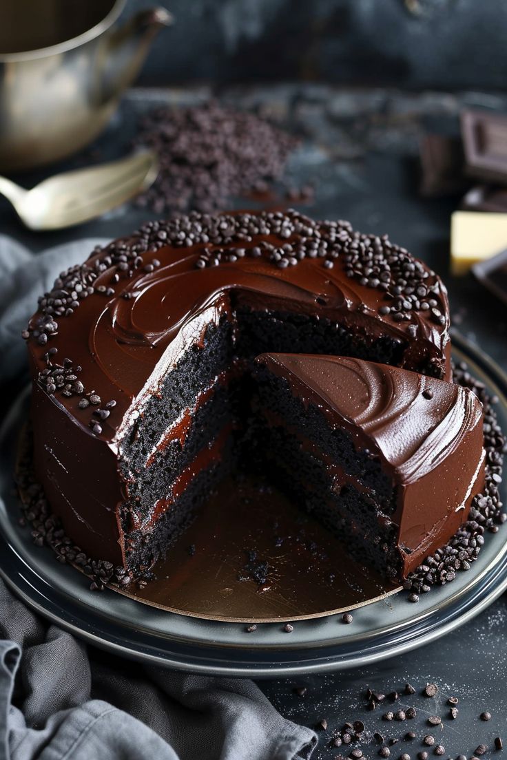 a chocolate cake with one slice cut out