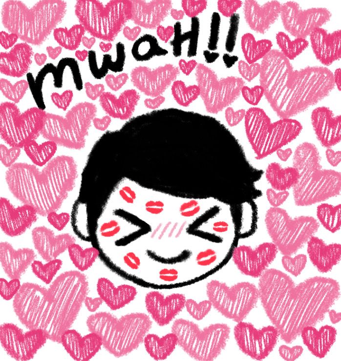 a drawing of a boy with hearts around him and the words mowh on his face