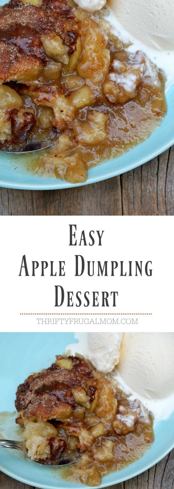 two plates filled with apple dumpling dessert on top of a blue plate next to an ice cream scooper