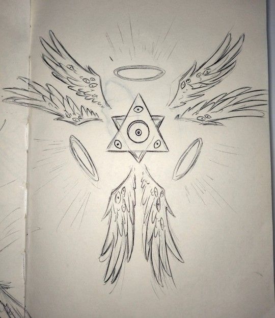 a drawing of an angel with wings and a triangle in the middle, surrounded by other angels