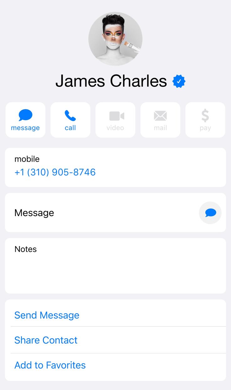 an iphone screen with the name and phone number on it, which appears to be james charles