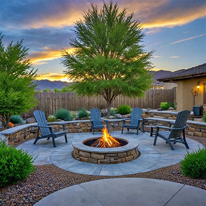 a fire pit surrounded by chairs and trees