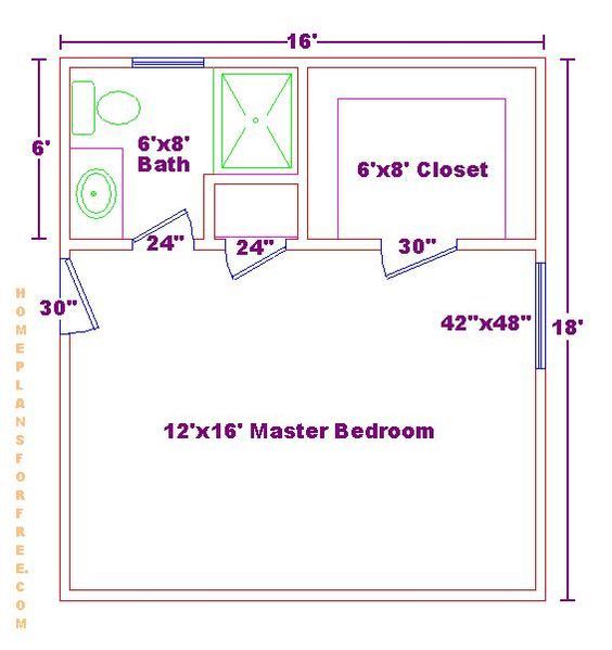 Master bedroom 12x16 floor plan with 6x8 bath and walk in closet ... Master Closet Layout, Master Suite Floor Plan, Master Suite Remodel, Master Suite Addition, Bedroom Addition, Small Floor Plans, Walk In Closet Design, Bathroom Floor Plans, Closet Layout