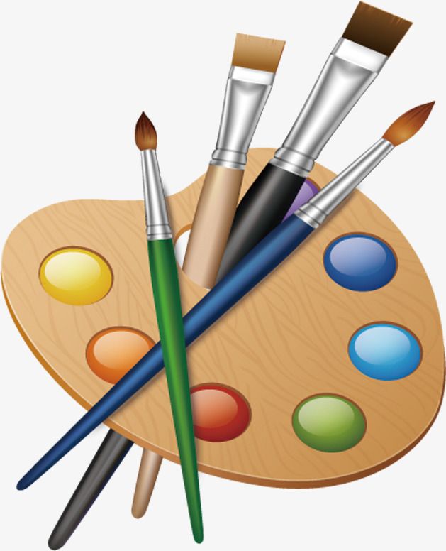 paintbrushes and paints on a wooden palette with watercolors, transparent png