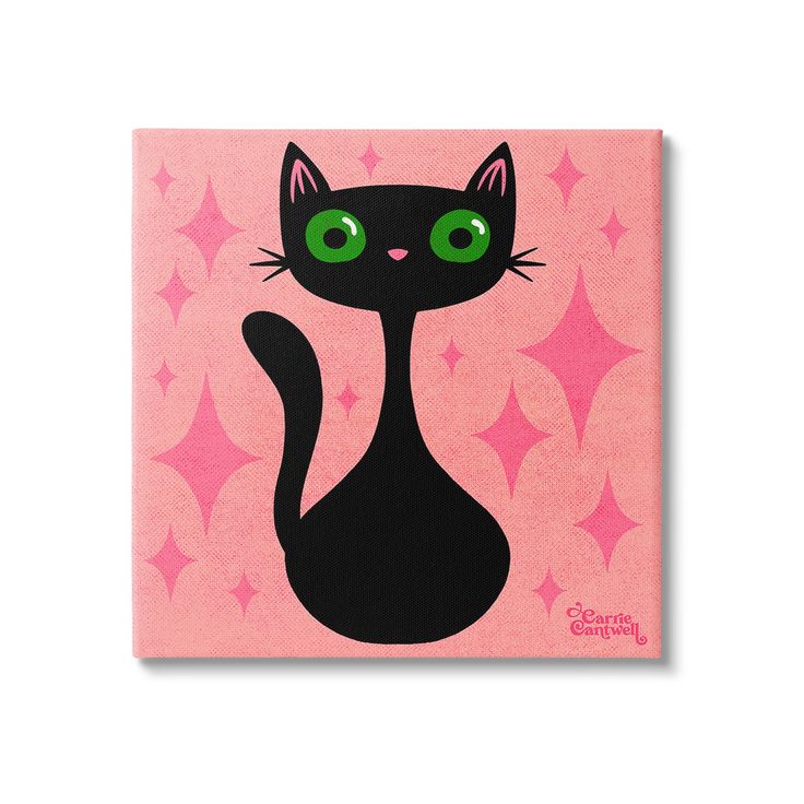 a black cat with green eyes sitting on pink stars