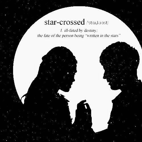 two people standing next to each other in front of a white circle with the words star - crossed on it